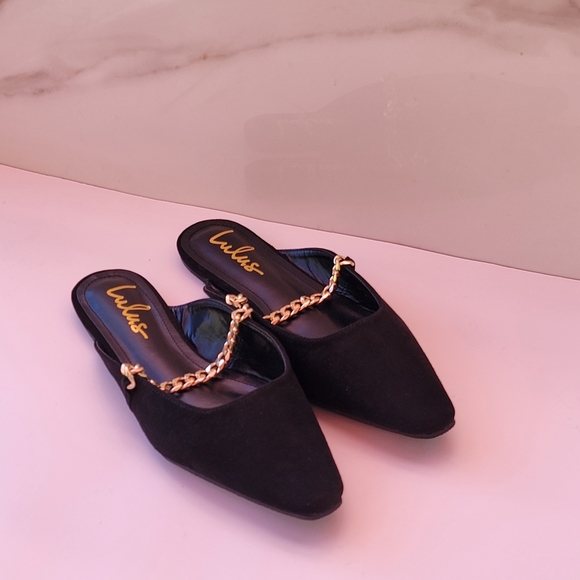 LULU'S Lavareta Black Suede Chain Pointed-Toe Loafer Slides 8.5 - Picture 10 of 14